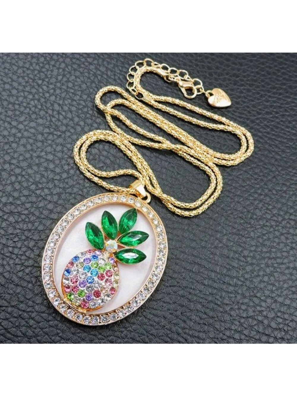 Necklace Pink Crystal Pineapple Pendant Gold Tone